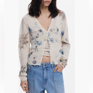 Desigual Women's Cardigan with Blue and Gray Floral Design